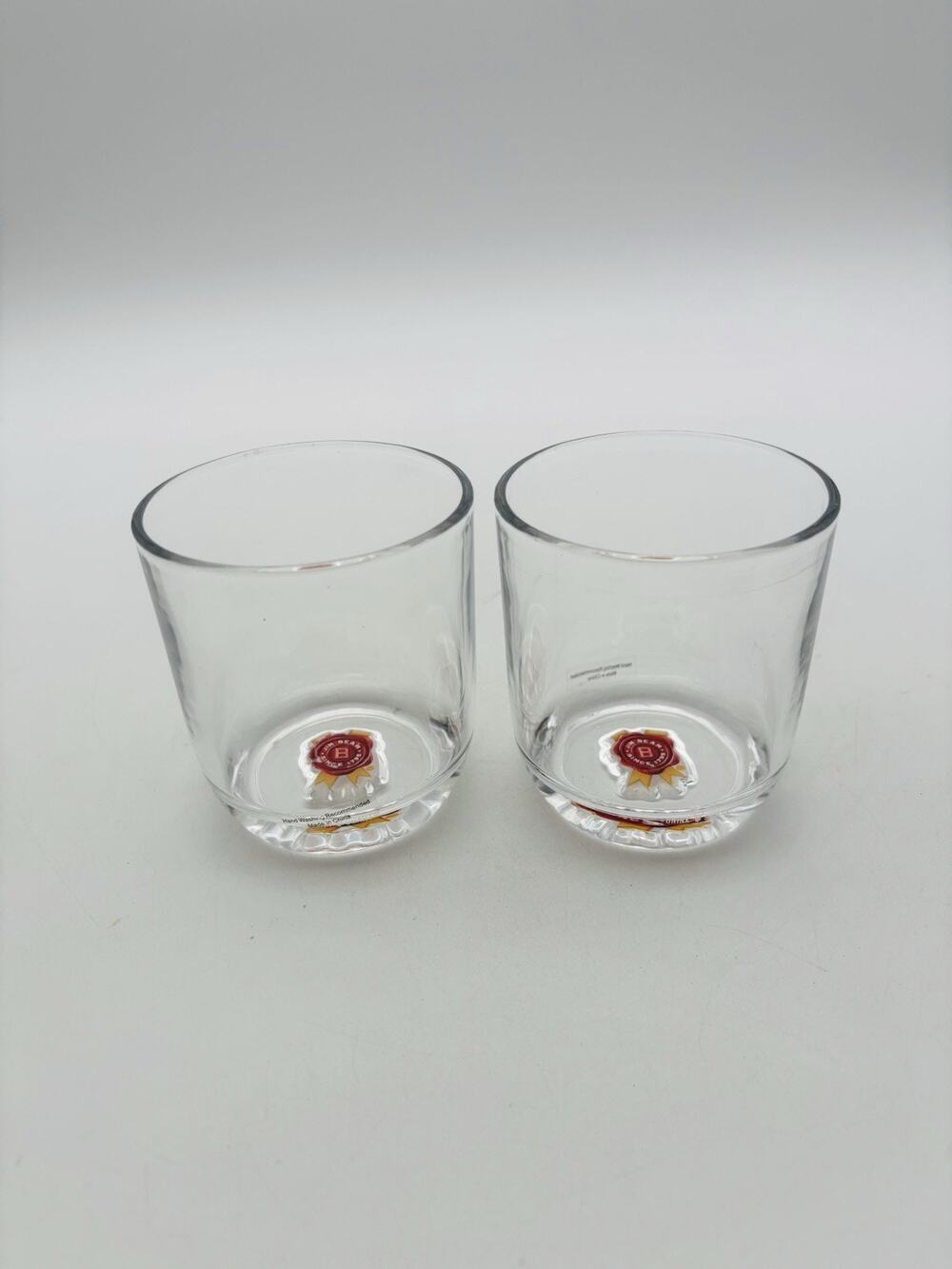 Jim Beam Bourbon Whiskey Rocks Glasses Set 2 Red Emblem VG Condition